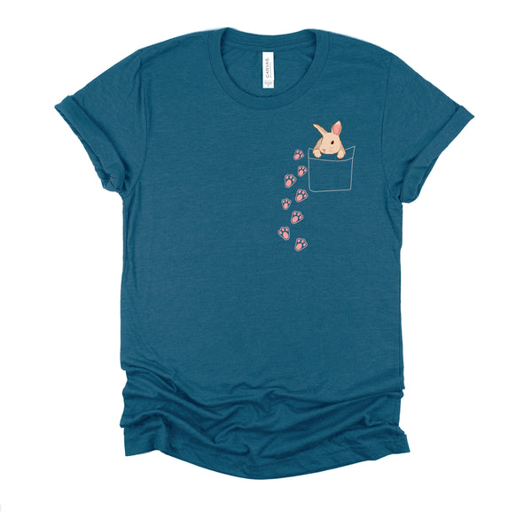 Easter Cute Bunny in Shirt Pocket Tee Rabbit Footprints T-Shirt