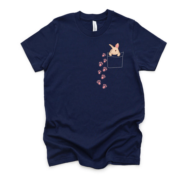 Easter Cute Bunny in Shirt Pocket Tee Rabbit Footprints T-Shirt