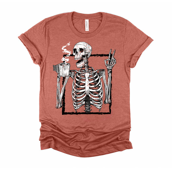 Skeleton Drinking Coffee Gothic Peace Sign Halloween Grunge Shirt