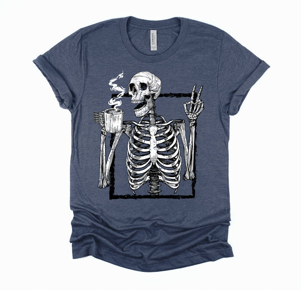 Skeleton Drinking Coffee Gothic Peace Sign Halloween Grunge Shirt