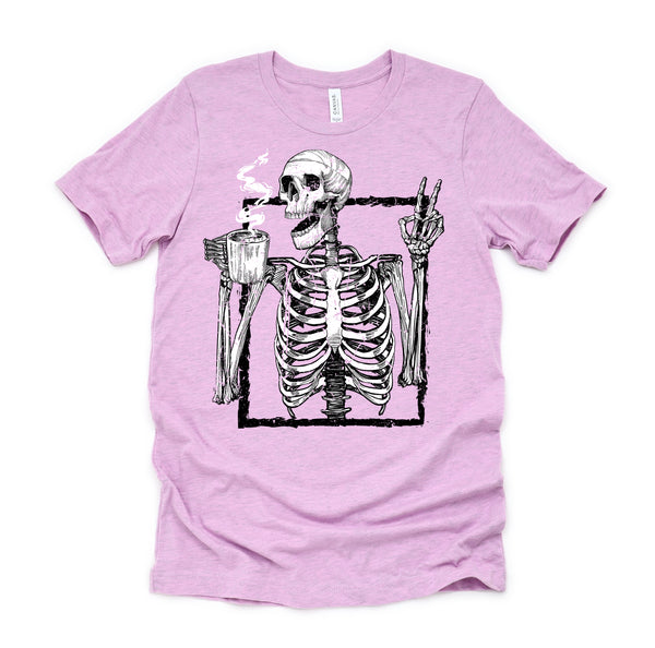 Skeleton Drinking Coffee Gothic Peace Sign Halloween Grunge Shirt