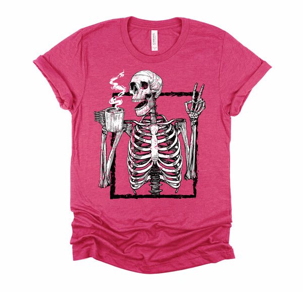 Skeleton Drinking Coffee Gothic Peace Sign Halloween Grunge Shirt