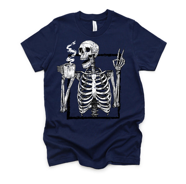 Skeleton Drinking Coffee Gothic Peace Sign Halloween Grunge Shirt