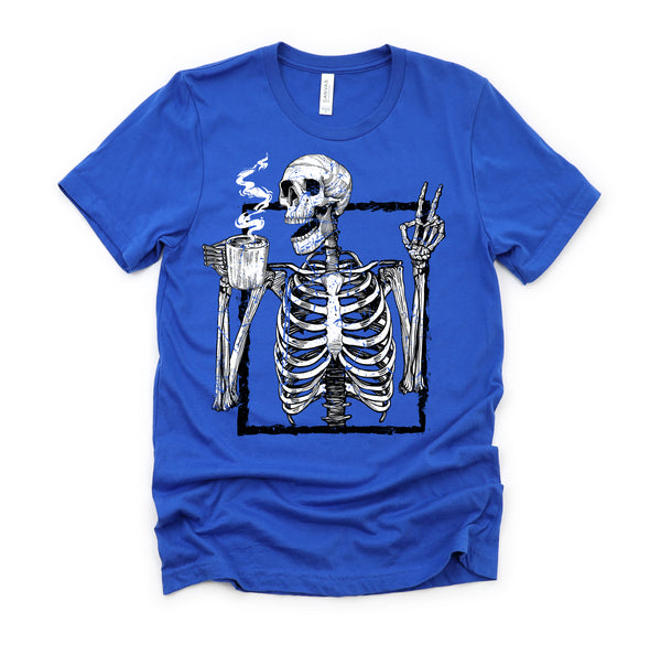 Skeleton Drinking Coffee Gothic Peace Sign Halloween Grunge Shirt