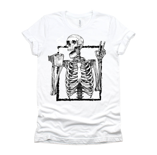 Skeleton Drinking Coffee Gothic Peace Sign Halloween Grunge Shirt