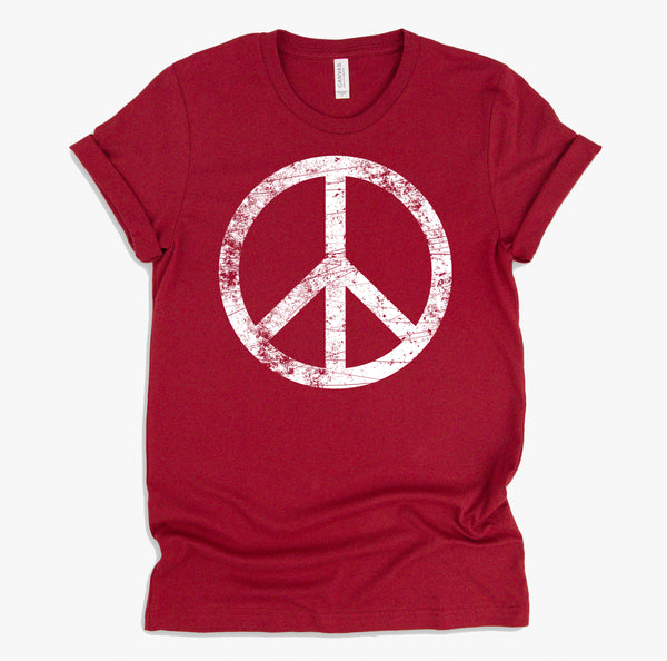 White Distressed Peace Sign Vintage Shirt, Hippie Outfit 70s 80s Grunge Short-Sleeve Unisex T-Shirt XS-4X