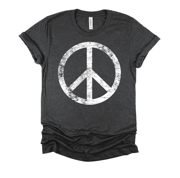 White Distressed Peace Sign Vintage Shirt, Hippie Outfit 70s 80s Grunge Short-Sleeve Unisex T-Shirt XS-4X
