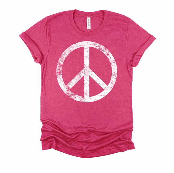 White Distressed Peace Sign Vintage Shirt, Hippie Outfit 70s 80s Grunge Short-Sleeve Unisex T-Shirt XS-4X