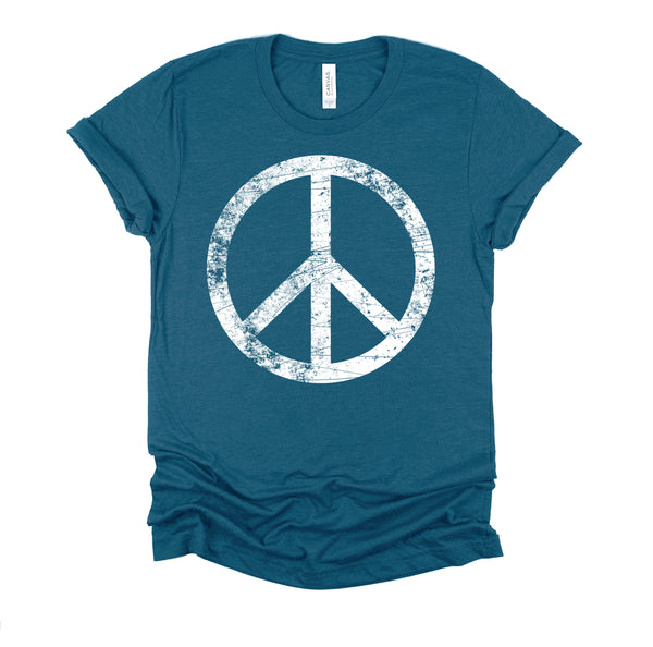 White Distressed Peace Sign Vintage Shirt, Hippie Outfit 70s 80s Grunge Short-Sleeve Unisex T-Shirt XS-4X