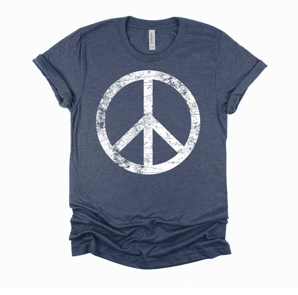White Distressed Peace Sign Vintage Shirt, Hippie Outfit 70s 80s Grunge Short-Sleeve Unisex T-Shirt XS-4X