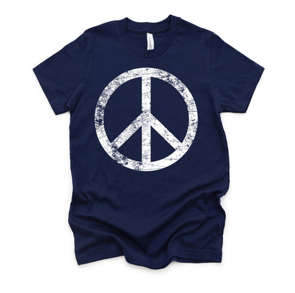 White Distressed Peace Sign Vintage Shirt, Hippie Outfit 70s 80s Grunge Short-Sleeve Unisex T-Shirt XS-4X