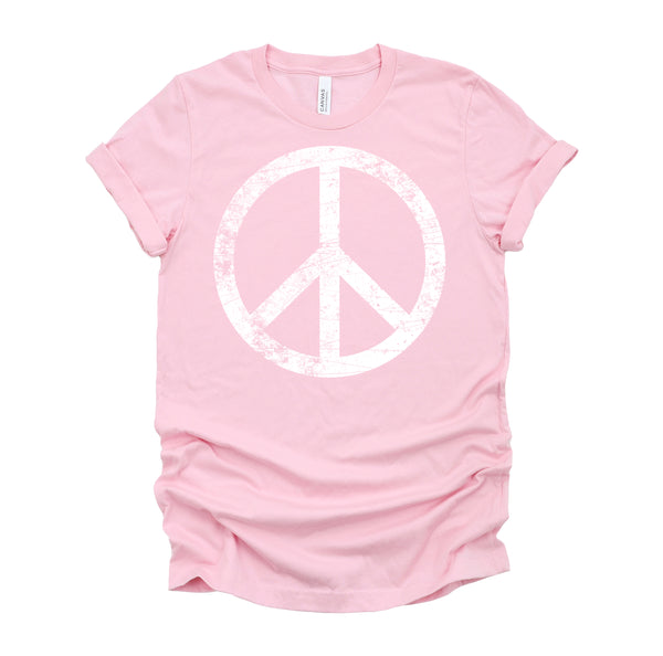White Distressed Peace Sign Vintage Shirt, Hippie Outfit 70s 80s Grunge Short-Sleeve Unisex T-Shirt XS-4X