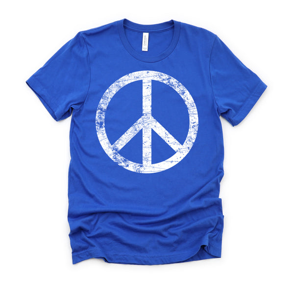 White Distressed Peace Sign Vintage Shirt, Hippie Outfit 70s 80s Grunge Short-Sleeve Unisex T-Shirt XS-4X