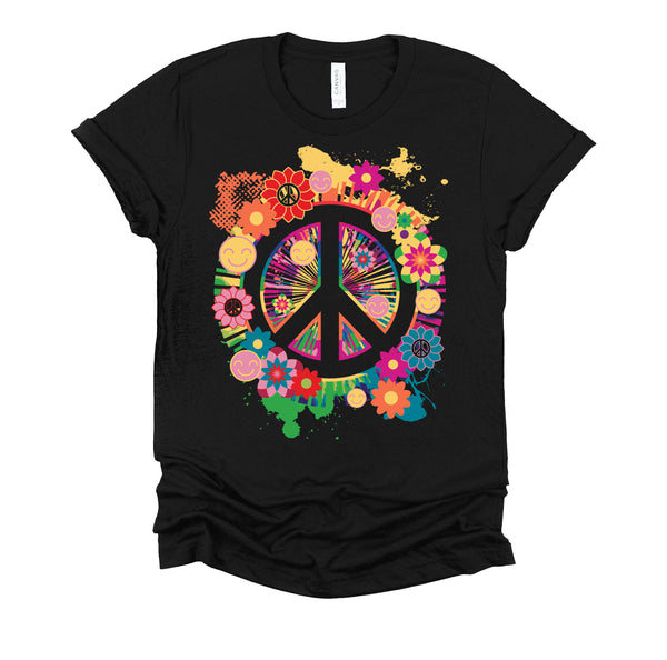 Peace Sign Colorful Flowers Hippie Retro 60s 70's T-Shirt