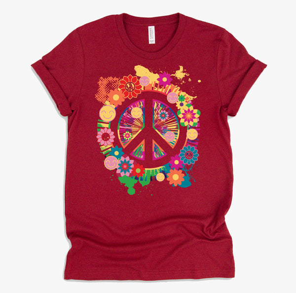 Peace Sign Colorful Flowers Hippie Retro 60s 70's T-Shirt