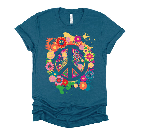 Peace Sign Colorful Flowers Hippie Retro 60s 70's T-Shirt