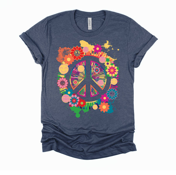 Peace Sign Colorful Flowers Hippie Retro 60s 70's T-Shirt