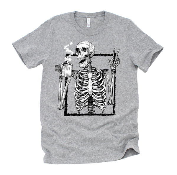 Skeleton Drinking Coffee Gothic Peace Sign Halloween Grunge Shirt