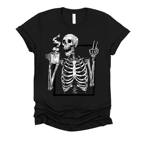 Skeleton Drinking Coffee Gothic Peace Sign Halloween Grunge Shirt