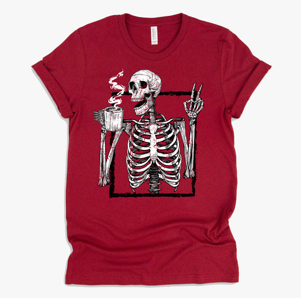 Skeleton Drinking Coffee Gothic Peace Sign Halloween Grunge Shirt
