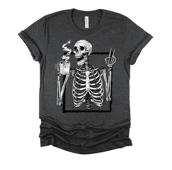 Skeleton Drinking Coffee Gothic Peace Sign Halloween Grunge Shirt