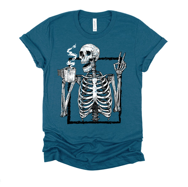 Skeleton Drinking Coffee Gothic Peace Sign Halloween Grunge Shirt