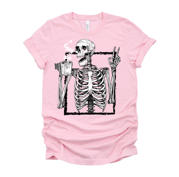 Skeleton Drinking Coffee Gothic Peace Sign Halloween Grunge Shirt