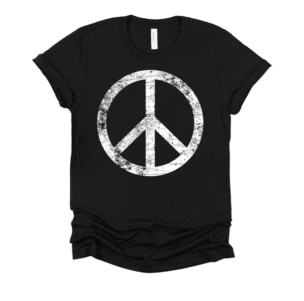 White Distressed Peace Sign Vintage Shirt, Hippie Outfit 70s 80s Grunge Short-Sleeve Unisex T-Shirt XS-4X