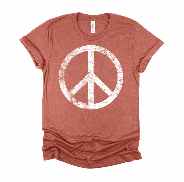 White Distressed Peace Sign Vintage Shirt, Hippie Outfit 70s 80s Grunge Short-Sleeve Unisex T-Shirt XS-4X